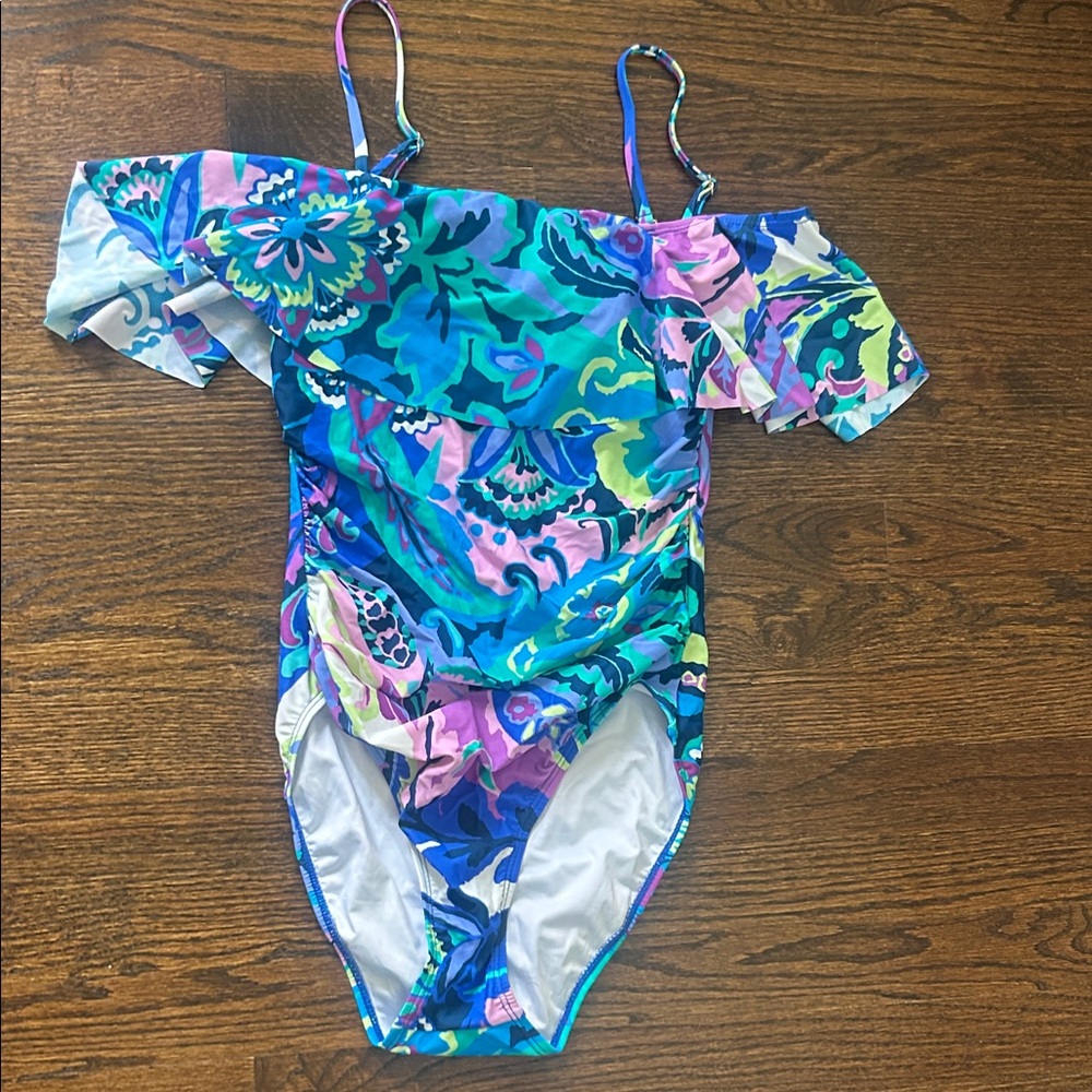 Tahari Blue Green Pink Floral One-Piece Swimsuit